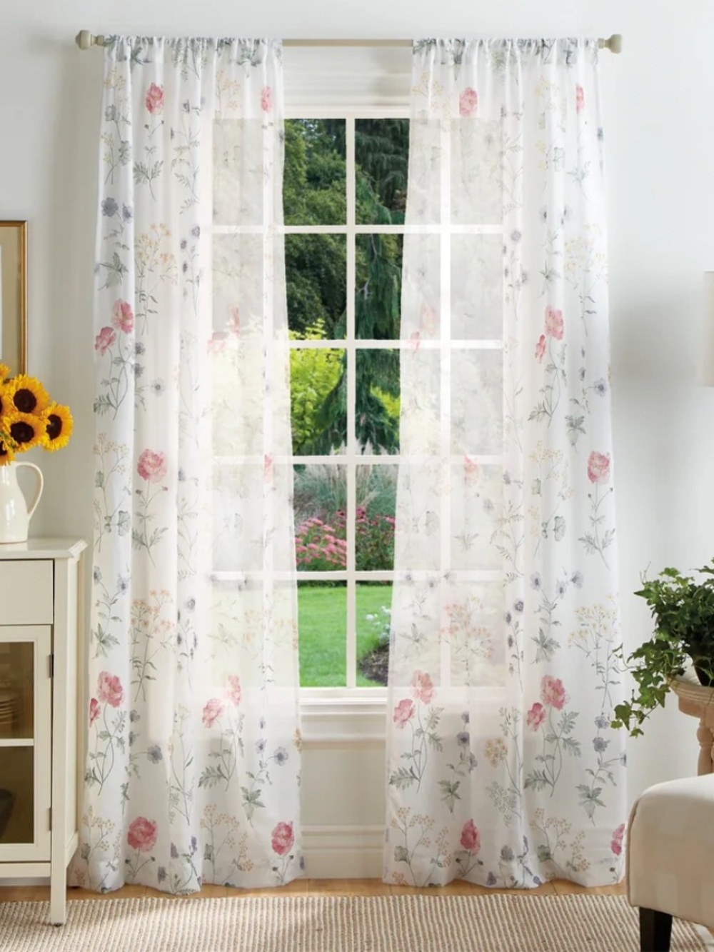 Martha Stewart Sheer Floral Drapes in Pink and Green